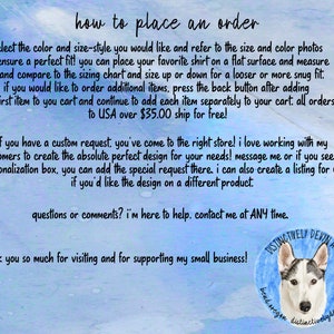 Puede incluir: Una ilustraci&oacute;n acuarela azul y blanca de un perro husky con el texto "Distinctively Devyn Art" y "bend, oregon distinctivelydevyn.com". El texto "how to place an order" est&aacute; en la parte superior de la imagen. El texto a continuaci&oacute;n explica c&oacute;mo realizar un pedido e incluye informaci&oacute;n sobre solicitudes personalizadas y env&iacute;o.
