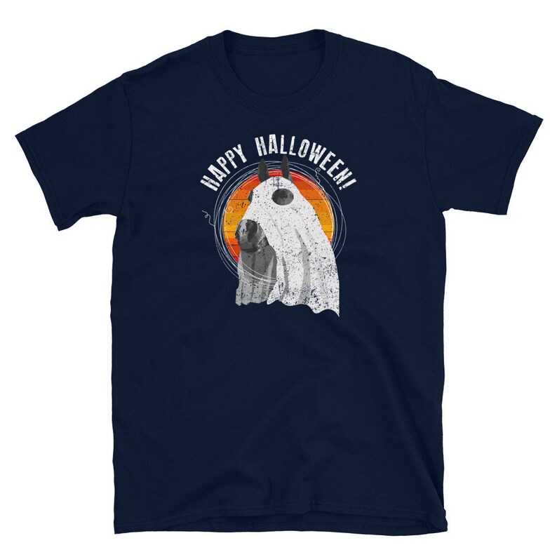 May include: A navy blue t-shirt with a white ghost wearing a hat and the text "Happy Halloween!" in a retro font.
