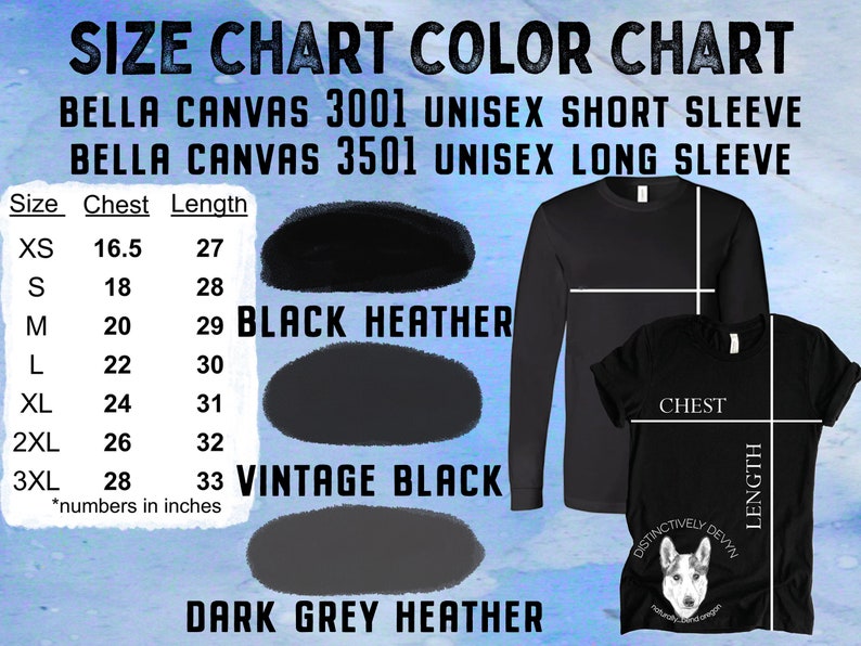 Puede incluir: Tabla de tallas para camisetas unisex de manga corta y larga Bella Canvas 3001 y 3501. La tabla muestra las medidas de pecho y largo en pulgadas para las tallas XS a 3XL. Las opciones de color incluyen Black Heather, Vintage Black y Dark Grey Heather.