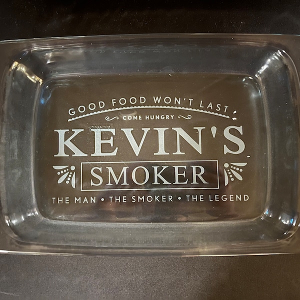 Customizable BBQ, Grill or Smoker Etched Glass Pan With Blue or Red Lid