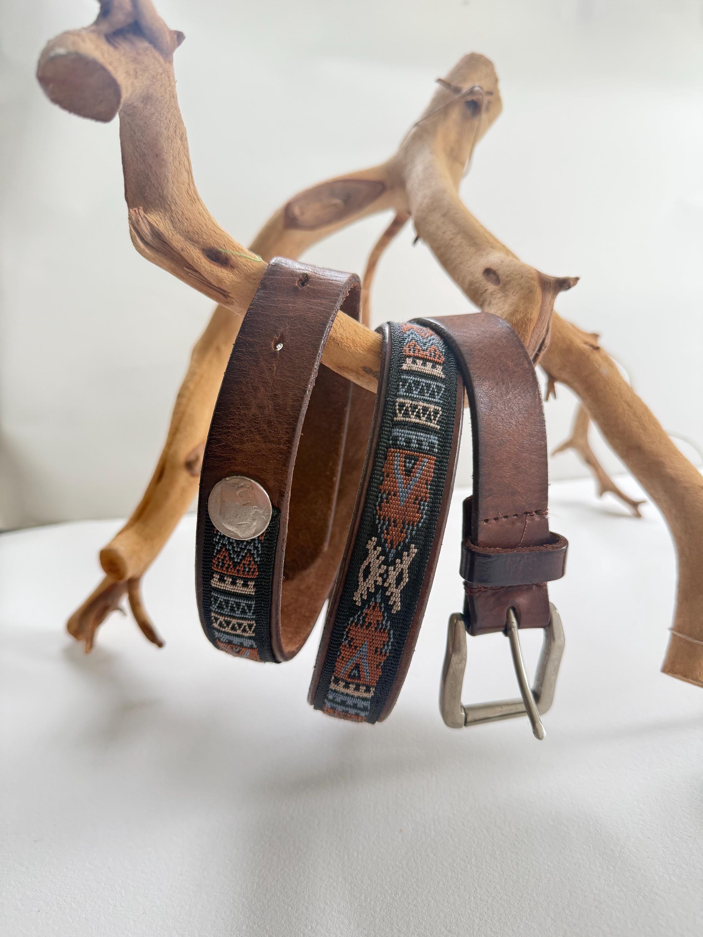 RARE Woven Aztec Boho Brown Vintage Leather Belt 70s Vintage Brown Tooled Leather Belt / Guatemala Rainbow  main image 3