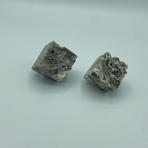 May include: Two small, grey and white, irregularly shaped, cube-like stones.