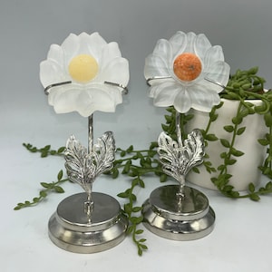 Selenite carved lotus flower on stand. Honey/Orange Calcite, meditation, satin spar, gypsum