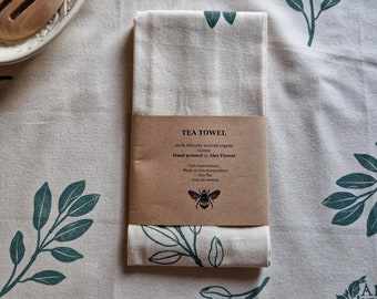 SECOND - perfect Handprinted Sage Leaf Tea Towel - 1 organic 100% cotton tea towel handprinted with Sage Leaf design; deep green and natural
