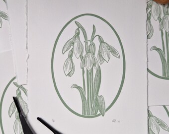 Snowdrops - Original limited edition Lino print, sage green ink on warm white paper