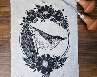 SECONDS - seconds of Nuthatch original Lino print; paper imperfection black ink on natural paper