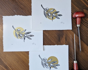 SECONDS - perfect Artist Proofs wood engraving Olive Branch; black and gold ink on warm white paper