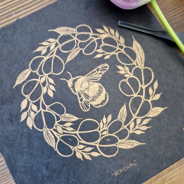 Renewal Gold - original Lino print, gold ink on black Lokta paper