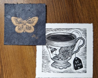 SECONDS -  Original wood engraving prints - 2 prints in 1 pack; perfect gold on black Butterfly and misprint/Artist Proof Teacup