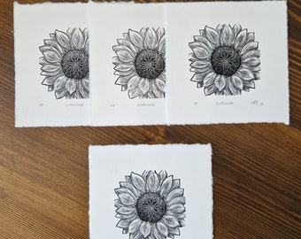 SEKUNDEN - Artist Proof Sonnenblume Holzstich, schwarz auf warm-weißem Papier