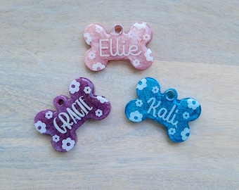 Personalized Dog Tag - Bone Pet tag - Floral pet tag - girl pet tag - Girl dog tag - Pet ID tag - Pet tag for girls - Resin pet tags