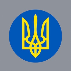 May include: A yellow trident symbol on a blue circle. The trident is the national symbol of Ukraine.