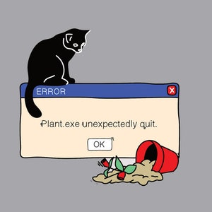 May include: A black cat sits on top of a computer error message that reads "Plant.exe unexpectedly quit." A red pot with a plant is overturned on the ground below the message.