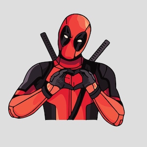 May include: A red and black superhero character with a mask and swords making a heart shape with their hands.