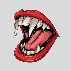 May include: A close-up of a red, open mouth with sharp, white fangs and a pink tongue. The mouth is wide open, revealing the teeth and tongue.