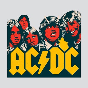 May include: A retro-style illustration of a rock band with the word "AC/DC" in large yellow letters. The band members are depicted in a cartoon style with red and black clothing.