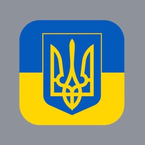 May include: A blue and yellow square with a gold trident in the center. The trident is the national symbol of Ukraine.