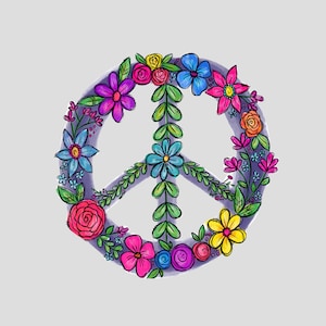 May include: A purple peace sign with a floral design. The peace sign is surrounded by colorful flowers, including pink, red, yellow, blue, and green.