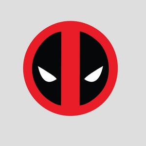 May include: A red circle with a black mask inside. The mask has two white eyes and a vertical red line down the center.