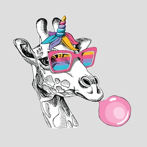 Magnet Crazy Giraffe Unicorn Rainbow glasses bubble gum - (no residue, easy to relocate) - Fridge / Car MAGNET (4" * 5")