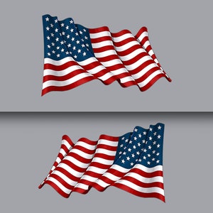 May include: Two American flags waving in the wind. The flags are red, white, and blue with 50 stars on a blue field.
