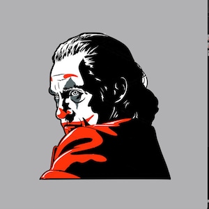 May include: A black and white illustration of a man with red and white makeup on his face. He is wearing a red and black jacket and has his hair slicked back.