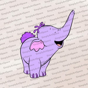 Könnte beinhalten: Cartoon-Illustration eines lächelnden, lila Elefanten mit erhobenem Rüssel. Der Elefant hat rosa Ohren und einen lila Haarschopf. Das Bild hat ein einfaches, klares Design, das für Kinderprodukte geeignet ist.