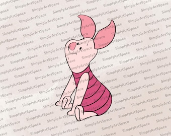 May include: A pink cartoon pig with a red and white striped shirt sitting on a white background. The pig has a big smile and is looking to the right.