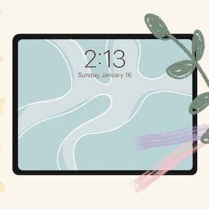 May include: A digital tablet screen displaying the time 2:13 and the date Sunday, January 16. The background is a light blue with white abstract shapes. The tablet is surrounded by a green leafy branch and yellow flowers.