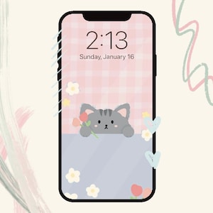 May include: A pink and white checkered phone wallpaper with a gray cat peeking over the top of a light blue background. The phone screen displays the time 2:13 and the date Sunday, January 16.
