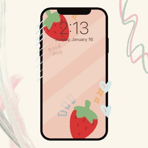 Può includere: Uno sfondo per telefono a strisce rosa e bianche con una fragola e il testo "good day". L'ora è 2:13 e la data è domenica 16 gennaio.