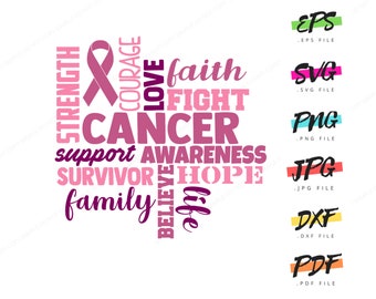 Cancer Awareness Word Art | Instant Graphic Download pink breast cancer survivor ribbon support SVG png dxf eps silhouette cricut cut file