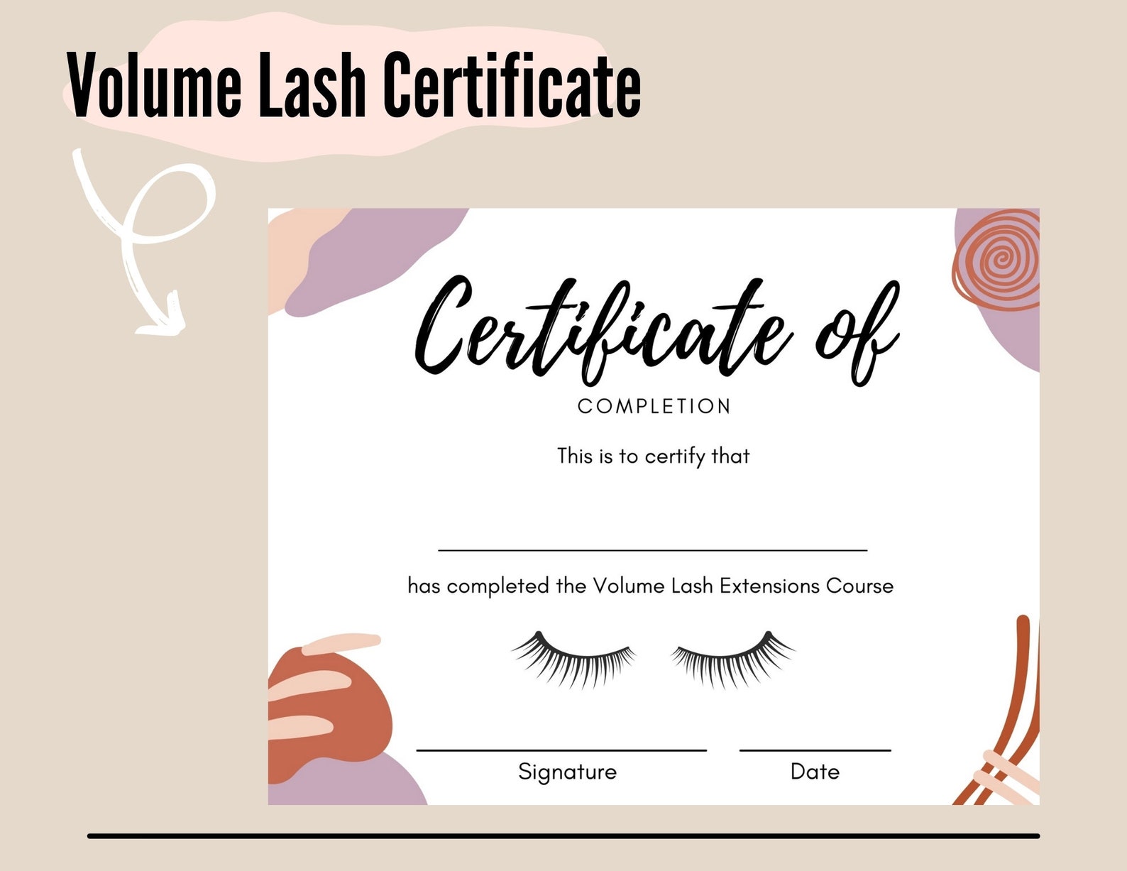 Volume Lash Certificate of Completion Instant Download for Etsy