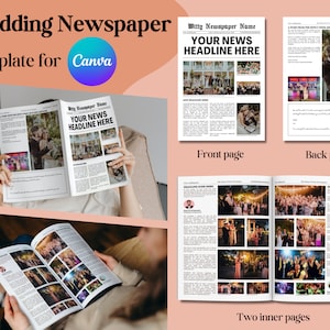 Modello per giornale Canva: matrimoni, fidanzamenti, compleanni, celebrazioni, anniversari. Divertente biglietto di ringraziamento regalo in PDF personalizzabile di 4 pagine