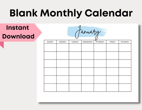 Blank Monthly Calendar 11x8.5 Instant Printable Download PDF | Etsy