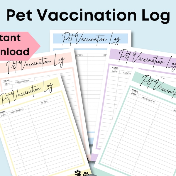 Pet Vaccination Log 8.5x11 | Instant Download PDF dog cat vet vaccine record, animal pet health log, organization worksheet, planner pages