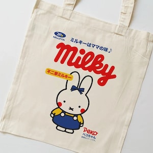 Milky Tote Bag - canvas, reusable, bunny, japanese, chocolate, asian snacks, asian food, kawaii, anime, aesthetic, minimalist, cute