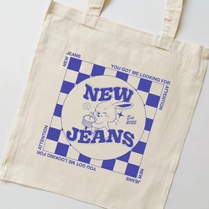 NewJeans Attention Tote Bag - canvas, reusable, new jeans, newjean, aesthetic, minimalist, cute, Y2K, korean, k-pop, kpop, merch, gift