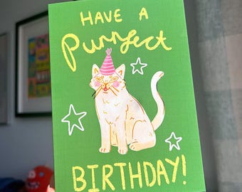 Tarjeta de cumpleaños de gato fiestero, juego de palabras perfecto