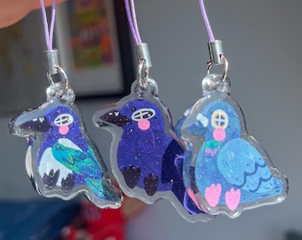 Colgantes brillantes para teléfono con forma de pájaro: paloma, cuervo y carpintero.