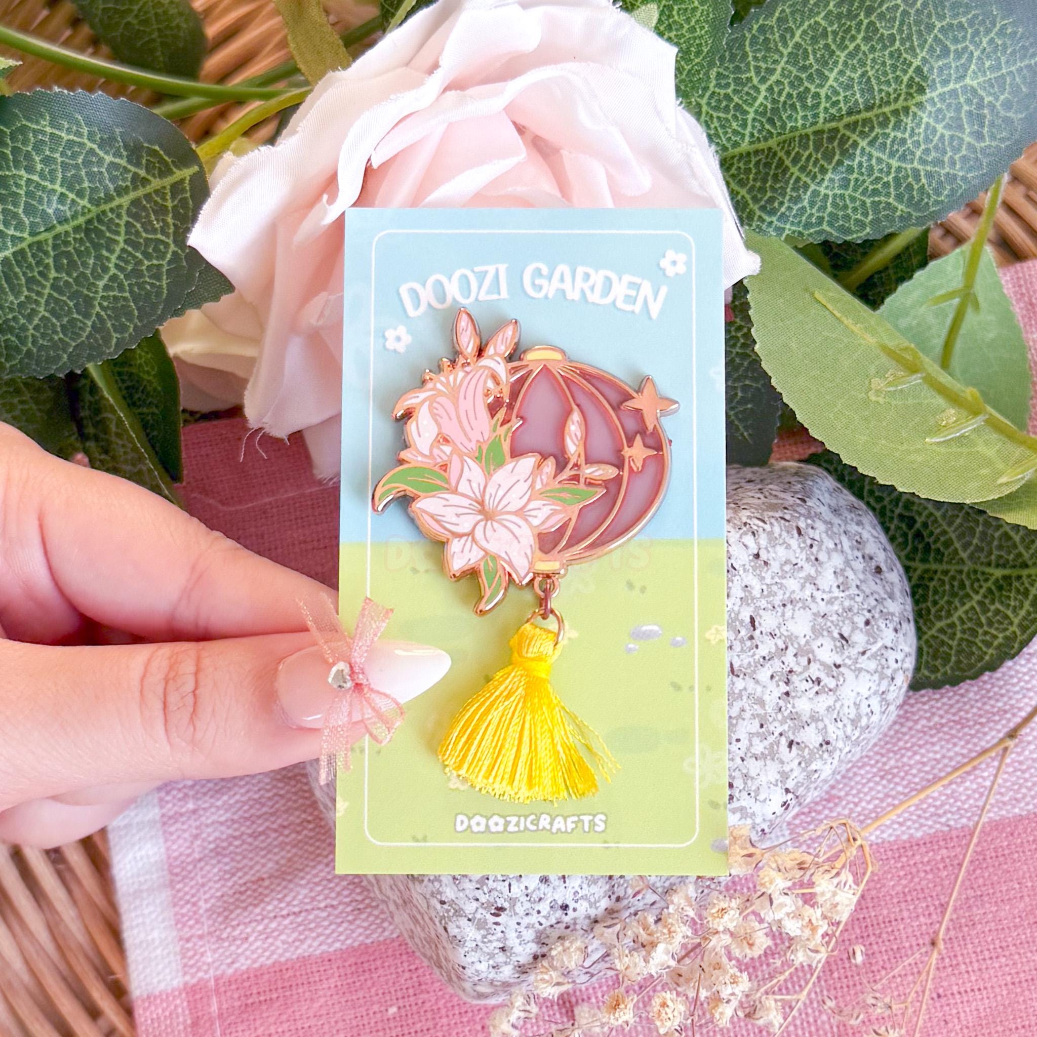 Lily Lantern Enamel Pin: Kawaii Flower With Yellow Tassel - Etsy