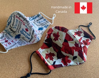 3 layer handmade sculptured facemask, 3D zippy mask keeps fabric away from mouth, O Canada maple leaf, made in Canada