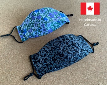 Floral 3D Octagon 3 layer masks with non-woven filter, handmade sculptured origami shape keeps fabric away from mouth, handmade in Canada