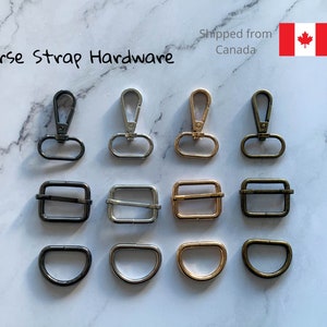Purse strap hardware, 4 colours, 3 sizes, 3 piece set with swivel snap clasp, d-ring and adjustment slider, shipped from Canada