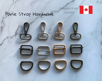 Purse strap hardware, 4 colours, 3 sizes, 3 piece set with swivel snap clasp, d-ring and adjustment slider, shipped from Canada