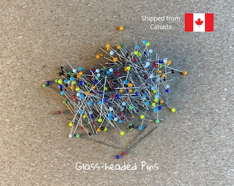 Glass headed pins, packs of 100 / 250, fabric pins in 10 colors, dressmaker and sewing pins, shipped from Canada