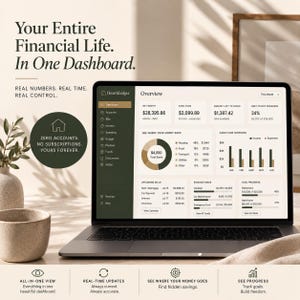 K&ouml;nnte beinhalten: Ein Laptop zeigt das HearthLedger Finanz-Dashboard mit einer &Uuml;bersicht &uuml;ber Nettoverm&ouml;gen, Cashflow, Ausgabendiagramme, anstehende Rechnungen und Fortschritte bei Zielen. Die Benutzeroberfl&auml;che ist hellbeige mit schwarzem Text und gr&uuml;ner Seitenleiste.