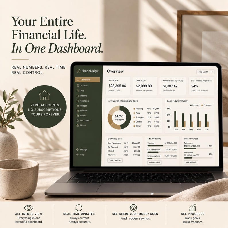 K&ouml;nnte beinhalten: Ein Laptop zeigt das HearthLedger Finanz-Dashboard mit einer &Uuml;bersicht &uuml;ber Nettoverm&ouml;gen, Cashflow, Ausgabendiagramme, anstehende Rechnungen und Fortschritte bei Zielen. Die Benutzeroberfl&auml;che ist hellbeige mit schwarzem Text und gr&uuml;ner Seitenleiste.