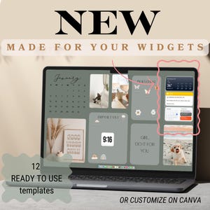 Puede incluir: Una pantalla de computadora portátil que muestra 12 plantillas de widgets personalizables para un escritorio. Las plantillas incluyen un calendario, un reloj, un widget meteorológico y citas inspiradoras. El texto "NEW MADE FOR YOUR WIDGETS" se muestra en la parte superior de la pantalla. El texto "OR CUSTOMIZE ON CANVA" se muestra en la parte inferior de la pantalla.