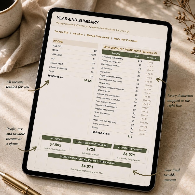 May include: A digital tablet displaying a Year-End Summary tax document. The screen shows income categories, self-employed deductions mapped to form lines, net profit, self-employment tax, adjusted net profit, and taxable income calculations.